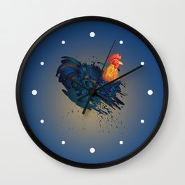 Cartoon rooster illustration with grunge ink splatters Wall Clock