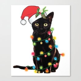 Santa Black Cat Tangled Up In Lights Christmas Santa Graphic Canvas Print
