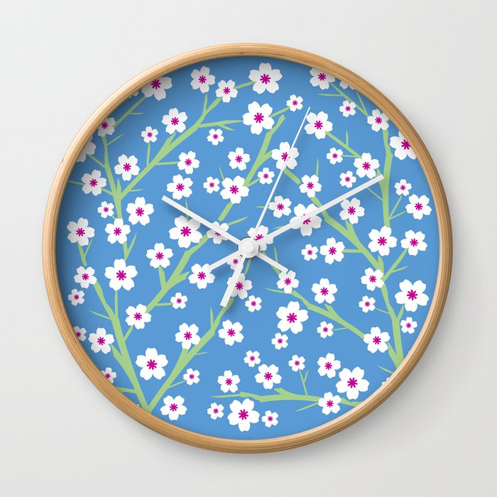 White Blossoms - cornflower blue 1 Wall Clock