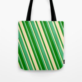 [ Thumbnail: Sea Green, Green & Beige Colored Striped/Lined Pattern Tote Bag ]