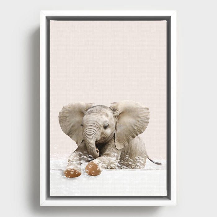 Elephant in a Bathtub, Elephant Taking a Bath, Elephant Bathing, Bathtub Animal Art Print By Synplus Framed Canvas