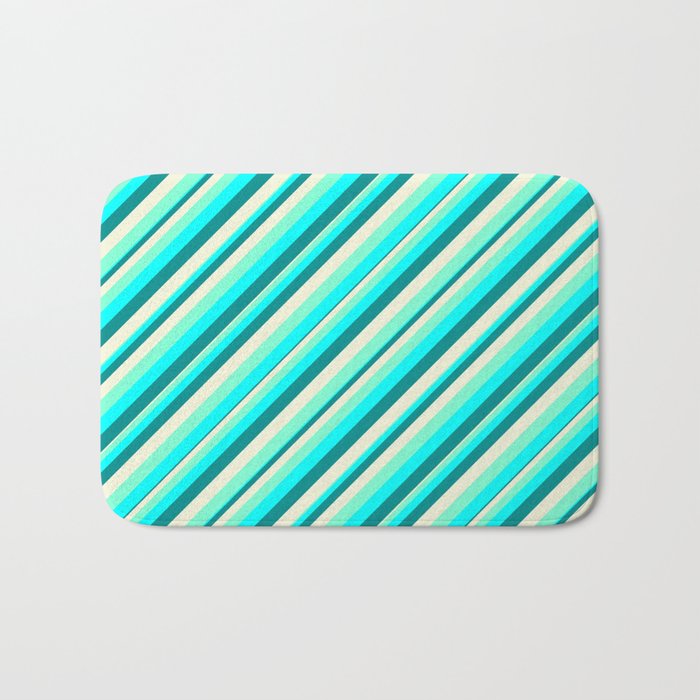 Aquamarine, Cyan, Dark Cyan, and Beige Colored Lined/Striped Pattern Bath Mat
