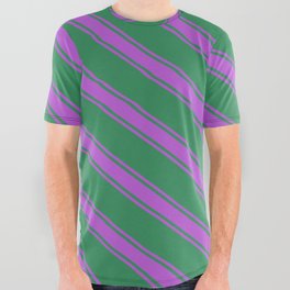 [ Thumbnail: Sea Green and Orchid Colored Lines/Stripes Pattern All Over Graphic Tee ]