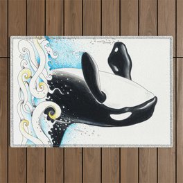 Orca Whale Doodle Wave Ink Outdoor Rug