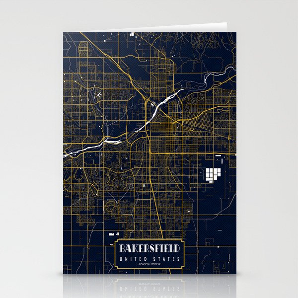 Bakersfield City Map of California, USA - Gold Art Deco Stationery Cards