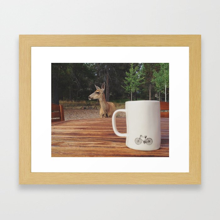 Coffee with a Deer Friend Framed Art Print