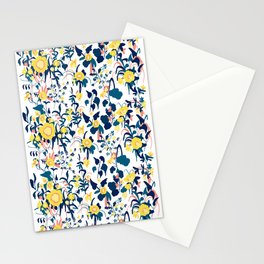 Buttercup yellow, salmon pink, and navy blue flowers on white background pattern Stationery Cards