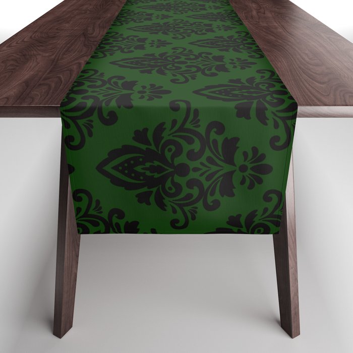 Black damask pattern Green Table Runner