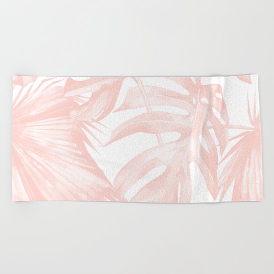 Tropical Leaves Pink and White Beach Towel