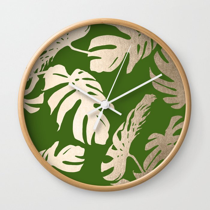 Palm Leaves White Gold Sands on Jungle Green Wall Clock