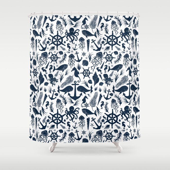 Nautical Silhouettes Navy Blue On, Dark Blue And White Shower Curtain