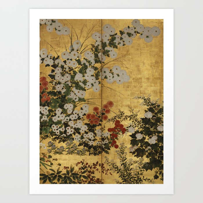 White Red Chrysanthemums Floral Japanese Gold Screen Art Print