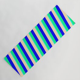 [ Thumbnail: Cyan, Green, Blue & Beige Colored Lined Pattern Yoga Mat ]