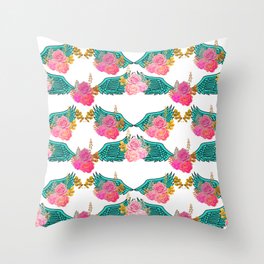 Wings and Roses Turquoise White Throw Pillow