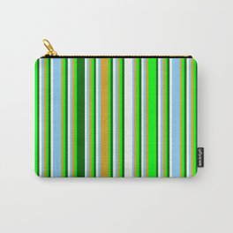 [ Thumbnail: Eyecatching Lime, Goldenrod, Light Sky Blue, White, and Dark Green Colored Pattern of Stripes Carry-All Pouch ]