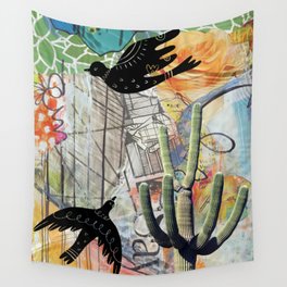 Black Birds and Cactus Montage  Wall Tapestry