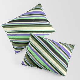 [ Thumbnail: Eye-catching Green, Black, Dark Olive Green, Light Yellow, and Slate Blue Colored Stripes Pattern Pillow Sham ]