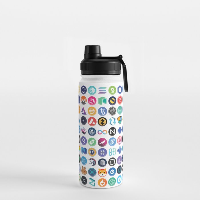 Crypto Icons Mosaic Square | Bitcoin, Ethereum, Solana, Cardano, SHIB Water Bottle