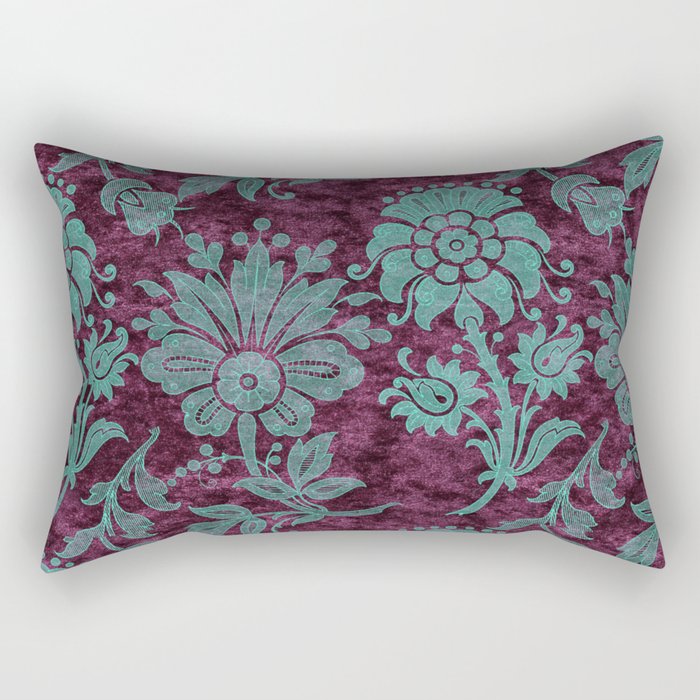 Burgundy Turquoise Velvet Floral Pattern 05 Rectangular Pillow