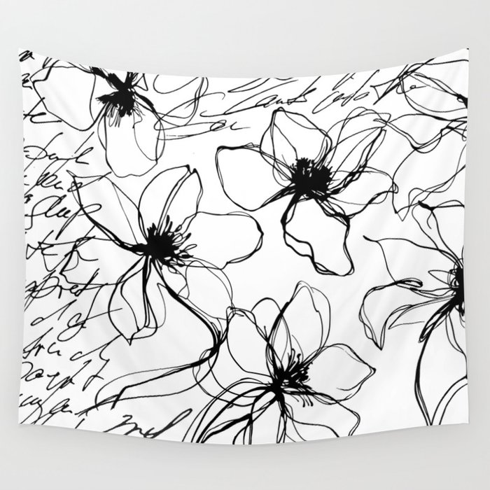 Flower Study And Script Black White Wall Tapestry