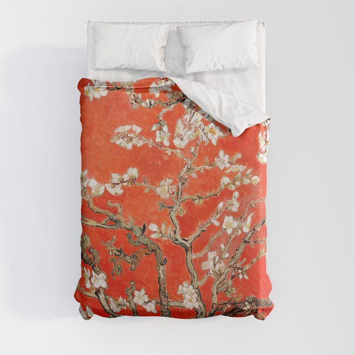 Red Almond Blossoms - Van Gogh (new color edit) Duvet Cover