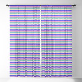 [ Thumbnail: Light Sea Green, Beige, Blue, and Hot Pink Colored Lined/Striped Pattern Sheer Curtain ]