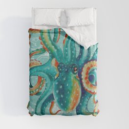 Teal Octopus On Light Teal Vintage Map Duvet Cover