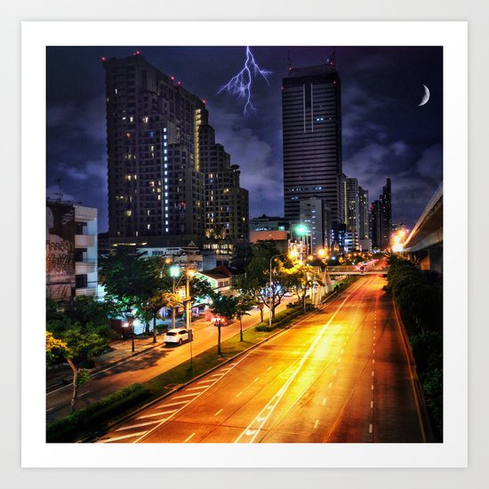 Bangkok Night Street View with Dramatic Sky Art Print