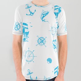 Turquoise Silhouettes Of Vintage Nautical Pattern All Over Graphic Tee
