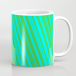 [ Thumbnail: Cyan & Lime Green Colored Lined Pattern Coffee Mug ]