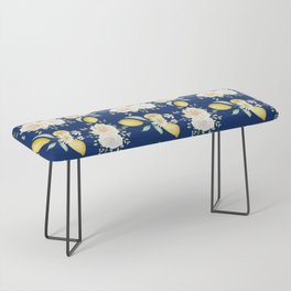 Lemons and White Flowers Pattern On Blue Background Bench