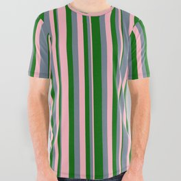 [ Thumbnail: Light Pink, Slate Gray & Dark Green Colored Pattern of Stripes All Over Graphic Tee ]