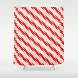 [ Thumbnail: Bisque & Crimson Colored Pattern of Stripes Shower Curtain ]
