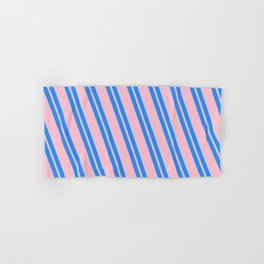 [ Thumbnail: Blue and Pink Colored Striped Pattern Hand & Bath Towel ]