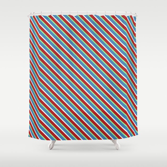 Blue, Mint Cream, Red, and Green Colored Stripes/Lines Pattern Shower Curtain