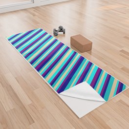 [ Thumbnail: Eye-catching Purple, Aqua, Tan, Dark Turquoise, and Dark Blue Colored Stripes/Lines Pattern Yoga Towel ]