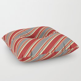 [ Thumbnail: Coral, Grey, Pale Goldenrod, and Red Colored Striped Pattern Floor Pillow ]