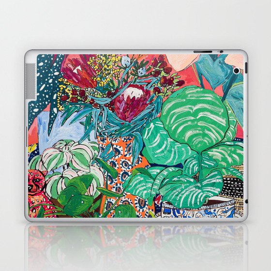 Jungle of Houseplants and Flowers on Bright Coral Pink with Wild Cats Laptop & iPad Skin
