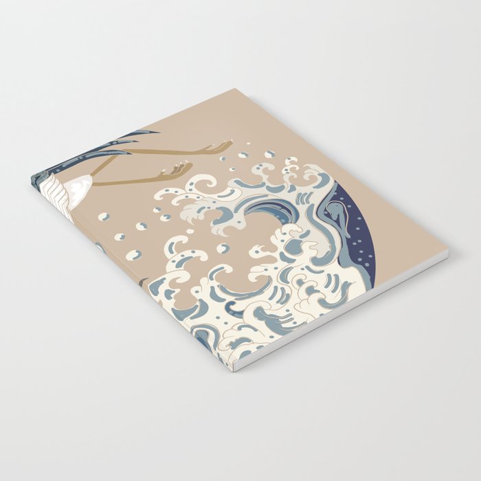 Crane and Japanese wave illustration. Traditional Chinese wave in circle. Beautiful line art of nature. Asian art doodle and painting background.  Notebook