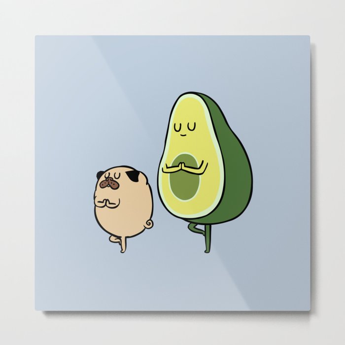 Pug and Avocado Yoga Metal Print