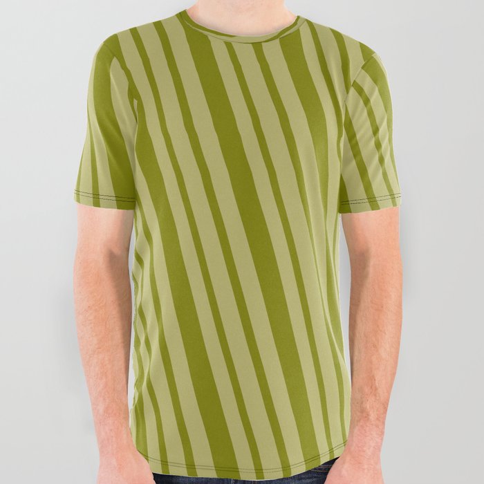 Green & Dark Khaki Colored Lines/Stripes Pattern All Over Graphic Tee