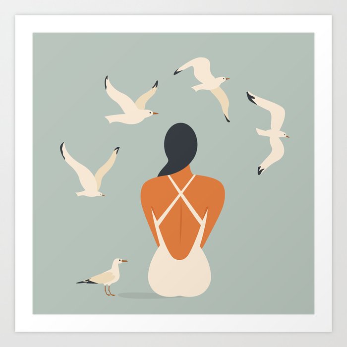 The girl and the seagulls Art Print