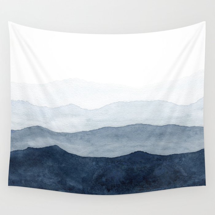Indigo Abstract Watercolor Mountains Wall Tapestry