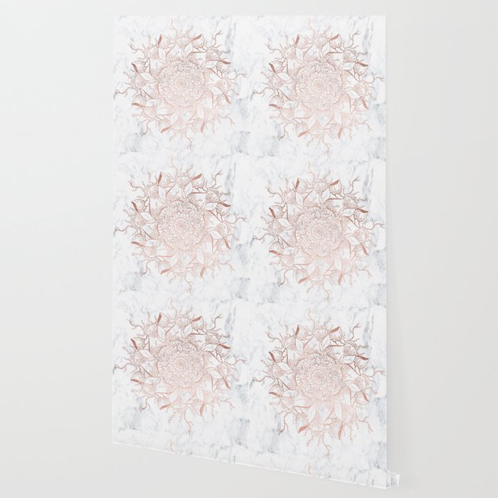 Modern Rose Gold Floral Terrarium Mandala White Marble Wallpaper