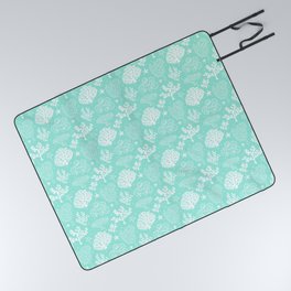 Mint Blue And White Coral Silhouette Pattern Picnic Blanket