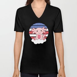 Cute Axolotl With America Flag Retro Sunset V Neck T Shirt