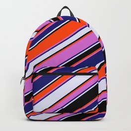[ Thumbnail: Vibrant Red, Orchid, Midnight Blue, Lavender, and Black Colored Lines Pattern Backpack ]