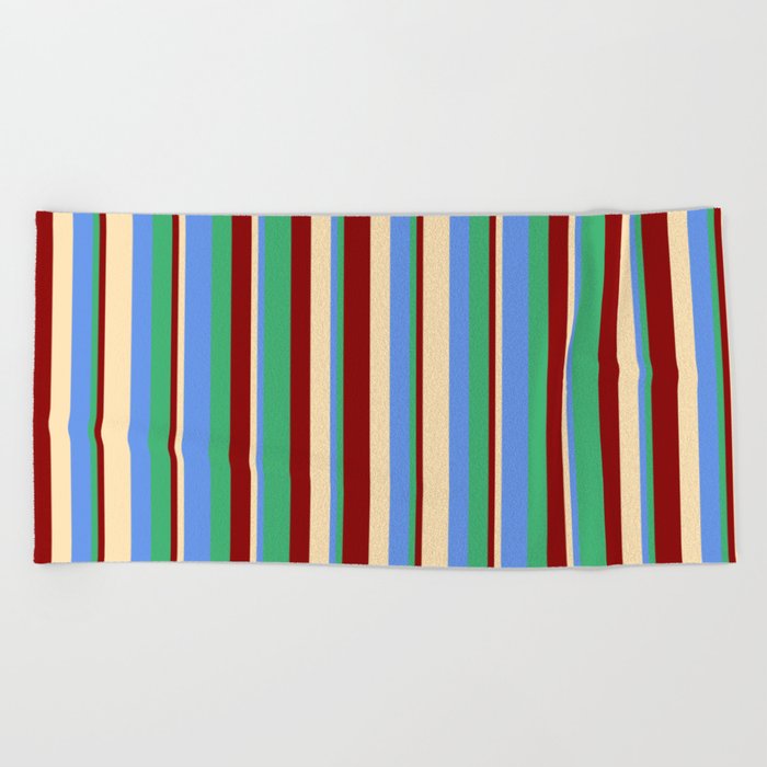 Beige, Cornflower Blue, Sea Green, and Dark Red Colored Lines/Stripes Pattern Beach Towel