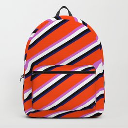 [ Thumbnail: Eyecatching Red, Orchid, White, Black, and Midnight Blue Colored Striped/Lined Pattern Backpack ]