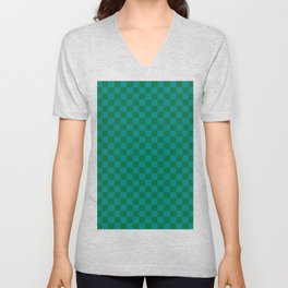Teal Green and Cadmium Green Checkerboard V Neck T Shirt